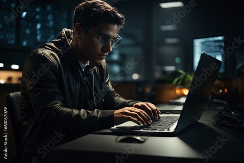 A male hacker wearing glasses and a leather jacket is working on a laptop in the dark in the office photo