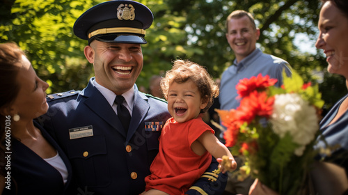 In a vibrant garden, a Coast Guard officer shares a joyful laugh with his extended family during a homecoming celebration, their smiles echoing their shared love.  photo