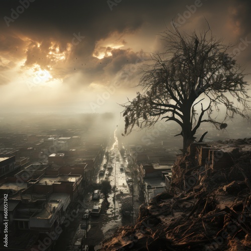Ruins of a city after a military strike or earthquake, destroyed buildings and empty streets. Apocalyptic landscape concept