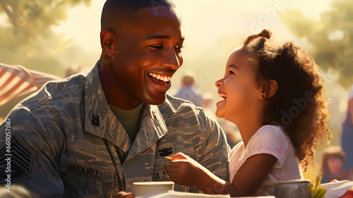 At a lively family picnic, an Air Force staff sergeant smiles as he watches his young niece play, her innocent joy mirroring the happiness of their reunion. 