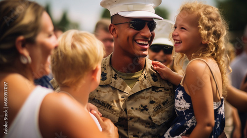 At a bustling family barbecue, a Navy petty officer relishes the laughter and smiles shared with his siblings, a true homecoming celebration filled with joy. 