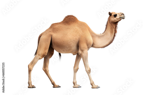 Portrait of Camel standing isolated on transparent png background, Animal in the jungle, wildlife and habitat concept, Environmental Conservation.
