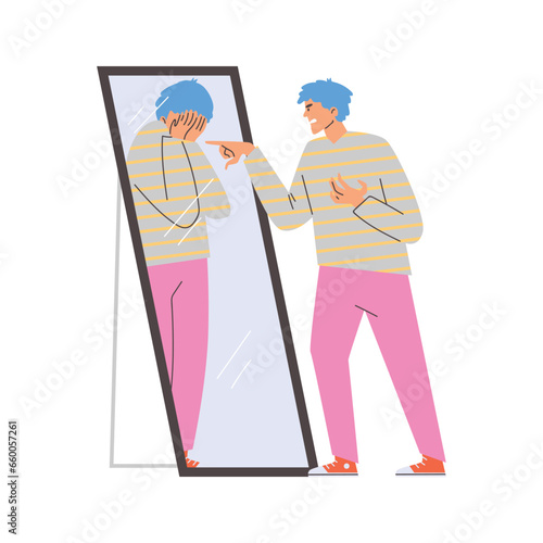 Young man angry scolds and annoys himself near the mirror, unhappy crying in the reflection, vector male with mental disorder