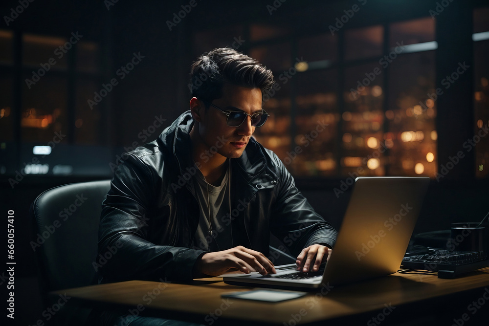 Obraz na płótnie A handsome brunette man wearing sunglasses and a black leather jacket is working on a laptop w salonie