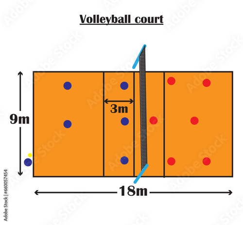 View of Volleyball court dimensions. Playground size of volley ball with players. Vector illustration