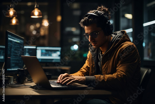 A handsome brunette man wearing sunglasses and jacket is working on a laptop in the office. Hacking, computer games, modern technology, human mind concepts