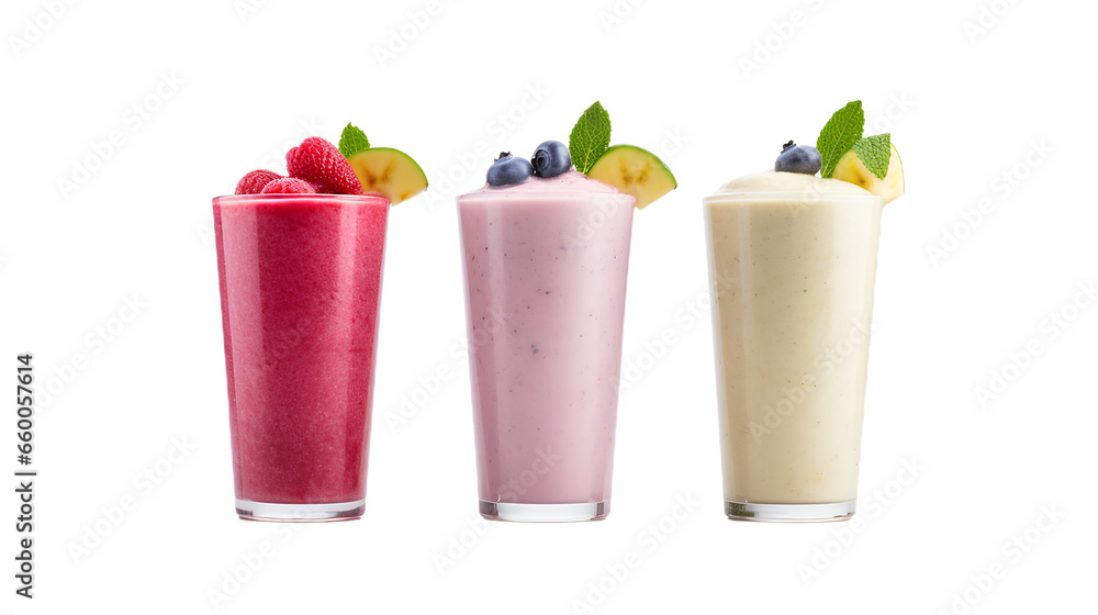 Row of healthy fresh fruit and vegetable smoothies with assorted ingredients served in glass bottles with straws isolated on transparent background Row of healthy fresh fruit and vegetable smoothies with assorted ingredients served in glass bottles with straws isolated on transparent background