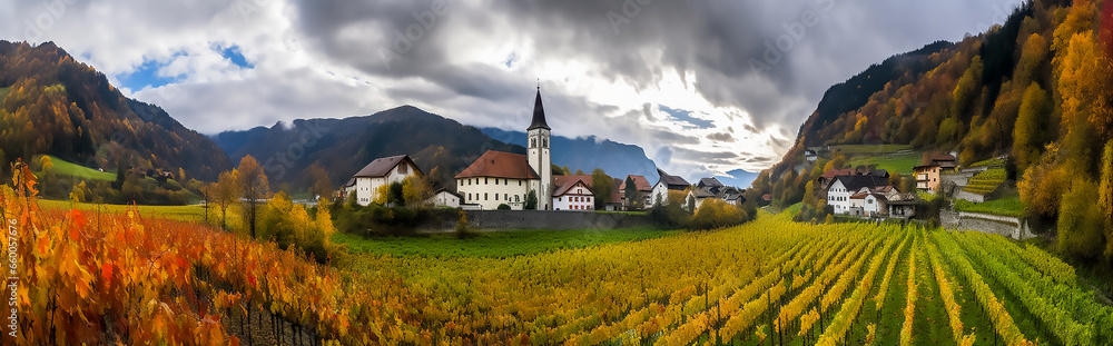 Panoramic view of scenic landscape of Church in the middle of Vineyards with cloudy sky, Generative AI image. Panoramic view of scenic landscape of Church in the middle of Vineyards with cloudy sky, Generative AI image.