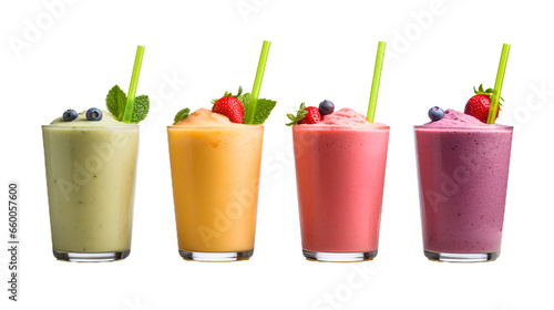 Row of healthy fresh fruit and vegetable smoothies with assorted ingredients served in glass bottles with straws isolated on transparent background