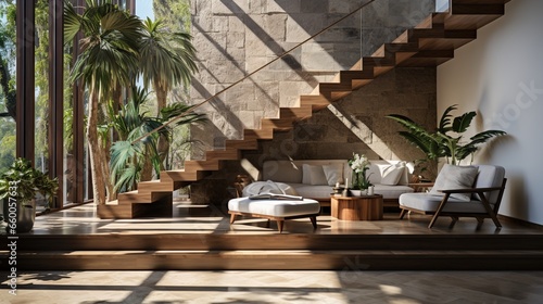 Close-Up of Wooden Stair Winders with Granite Base in Afternoon Light, Enhanced by Tropical Tree and Polished Concrete Wall, Modern Interior Design, Urban Elegance, Contemporary Style, Luxury Décor 