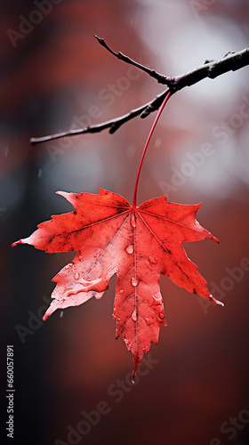 Autumn maple leaf on a tree branch with bokeh background