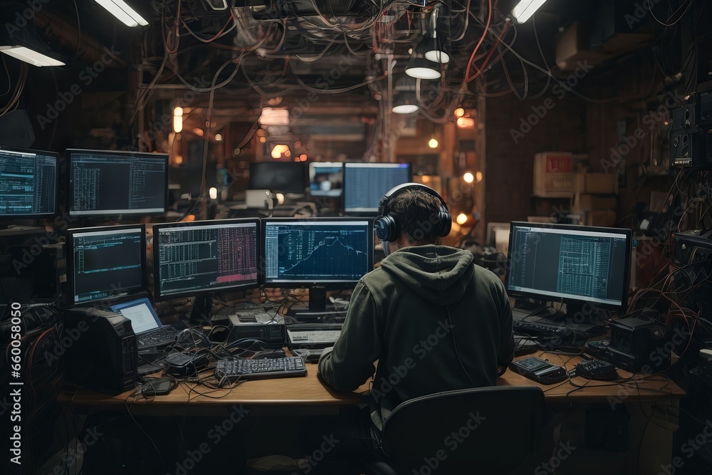 A security expert or a hacker in front of multiple computer screens - obrazy, fototapety, plakaty 