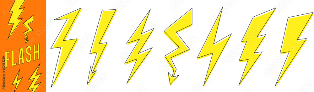 Yellow lightning icons set. Different flash icons isolated on white background Yellow lightning icons set. Different flash icons isolated on white background