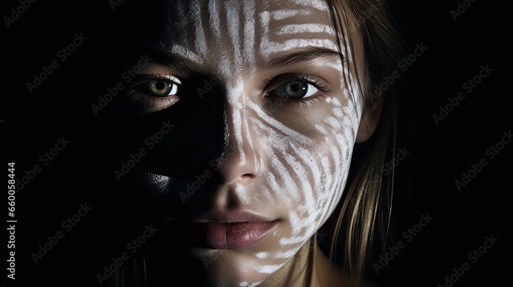 Fototapeta premium Portrait emphasizing contrast with a model's face half-covered in white ink, juxtaposed against a dark background
