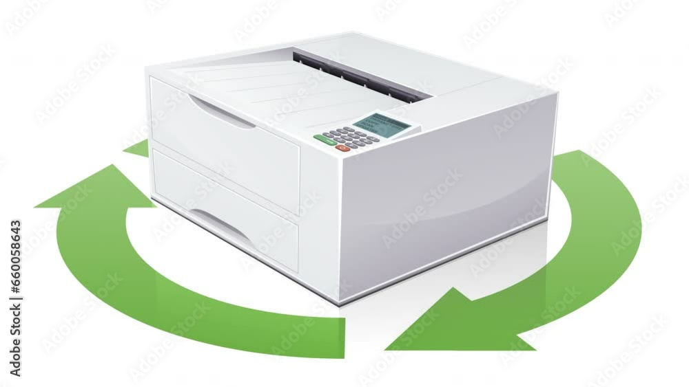Animation loop of a Laser printer in the middle of a white background around which the circular symbol of the three green recycling arrows rotates Animation loop of a Laser printer in the middle of a white background around which the circular symbol of the three green recycling arrows rotates