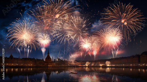 fireworks at night for New Year's Eve with reflection and with various colors in the sky