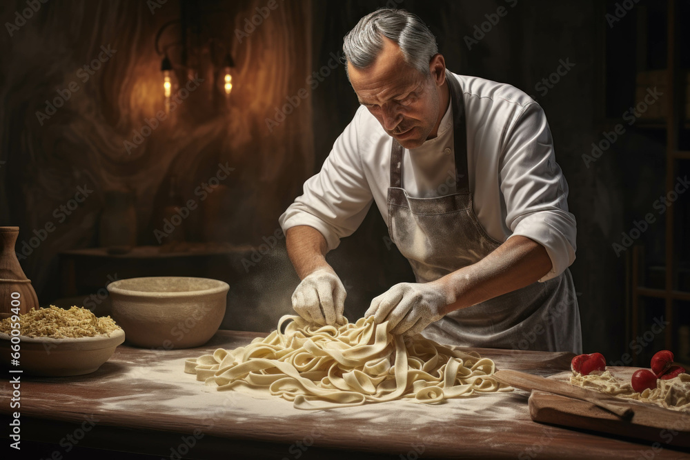 Mature Chef cooking pasta with his hands in the kitchen. 
