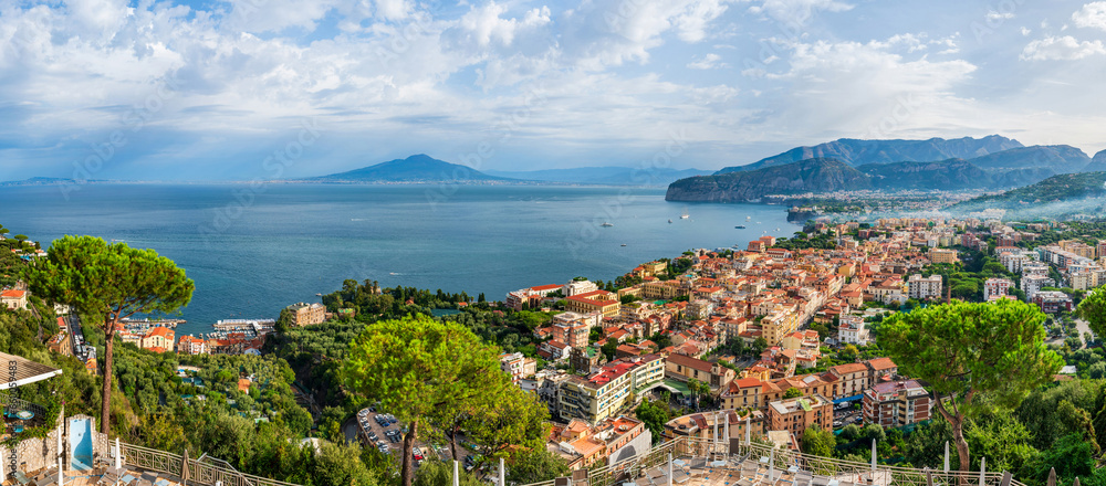 Panoramic view of Sorrento and Mount Vesuvius across the Bay of Naples in Italy
