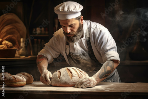 Male baker in chef's hat and apron preparing bread in a bakery on a wooden table. The concept of cooking.