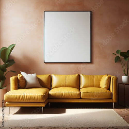 Yellow leather corner sofa against terracotta stucco wall, Loft style home interior design of modern living room
