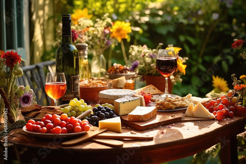 Table Dishware Decor Dinner Concept. In the lush garden decorated table for dinner. On the table meat, cheese, berries, fruit, wine. picnic for family