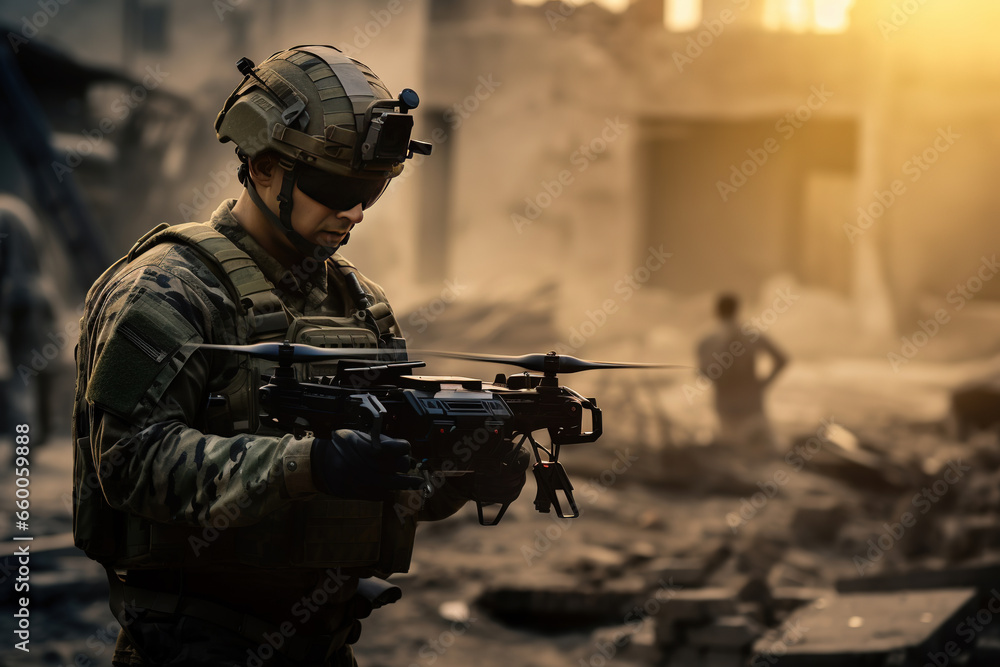 Fototapeta premium Soldiers are Using Drone for Scouting During Military Operation