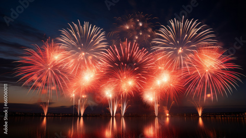 fireworks at night for New Year s Eve with reflection and with various colors in the sky