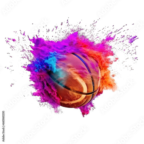 basketball in explosion of colored neon powder isolate on transparent background, png © inh