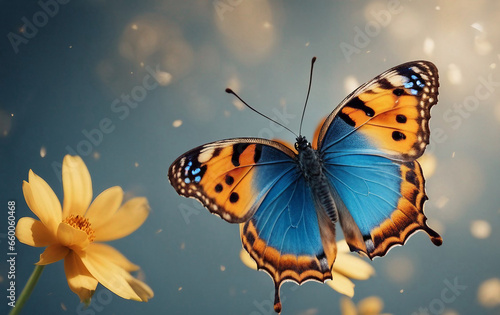 Very beautiful blue yellow orange butterfly in flight over yellow flower © FrameFinesse