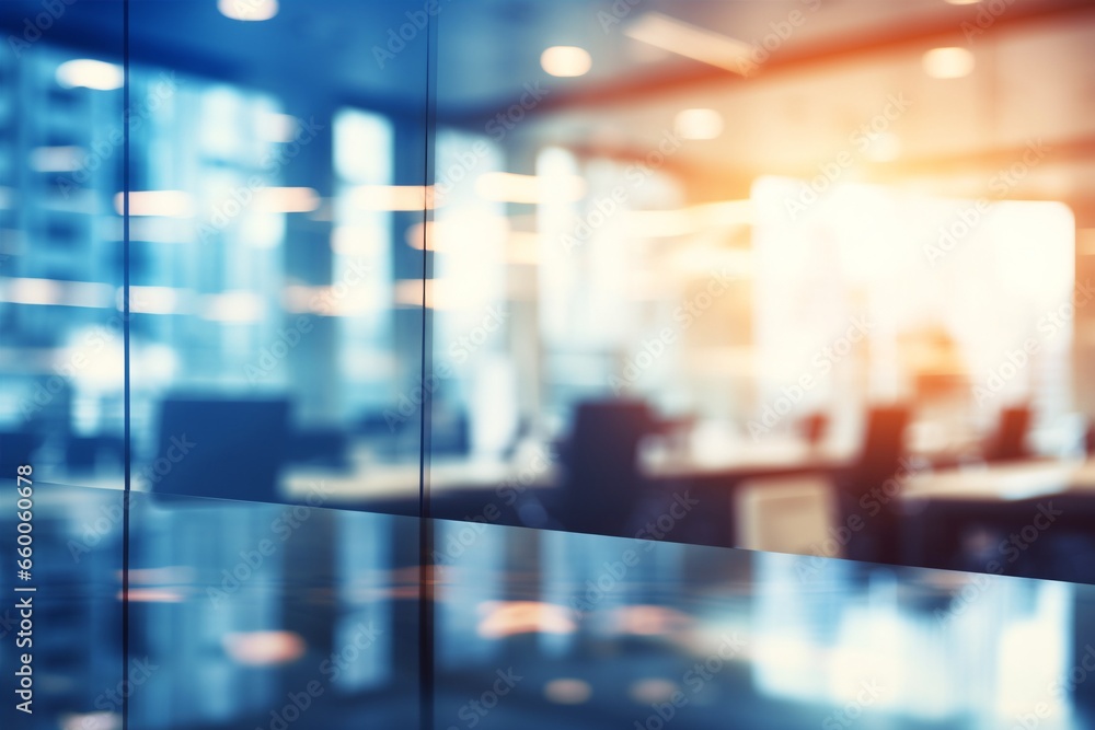 A blurred, vacant open-space office, featuring an abstract play of light bokeh—a versatile interior background for your design needs. Created with generative AI tools A blurred, vacant open-space office, featuring an abstract play of light bokeh—a versatile interior background for your design needs. Created with generative AI tools