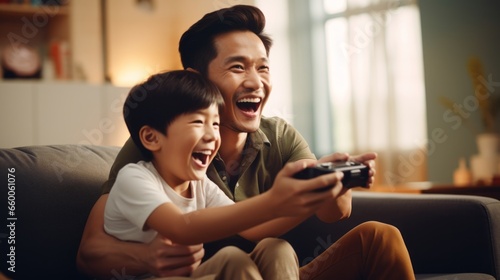 Joyful Asian dad and son with joysticks playing video games at home, asia boy distracting father with hand. A handsome father and his cute son playing a video game together.