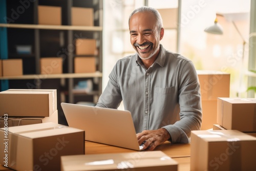 Online store seller during an online conversation with a buyer. A middle aged Caucasian man sitting in front of laptop monitor in a warehouse of packaged products and communicates with a customer. © Stavros
