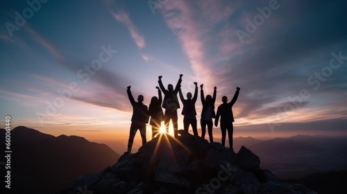 Silhouette of business team stand and feel happy on the most hight at stand on sunset, success, leader, teamwork, target, Aim, confident, achievement, goal, on plan, finish, generate by AI