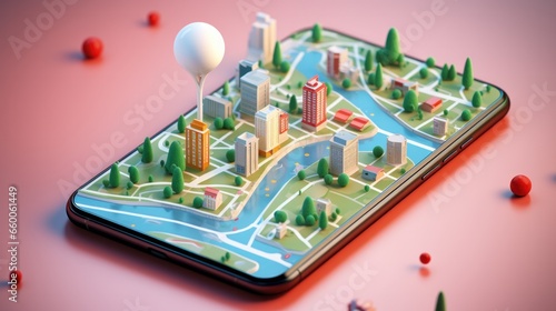 Smartphone with map, 3D Map pins, GPS, navigator pin checking points, 3D World Map icon, technology and application mobile smart phone with mobile, delivery tracking, transportation, generate by AI