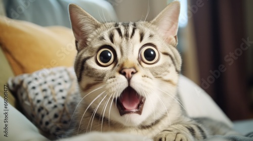 surprised cat make big eyes. American shorthair surprised cat or kitten funny face big eyes, cute, domestic, kitten, feline, Emotional surprised, kitty, wow. © pinkrabbit