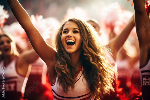 The portrait of a beautiful cheerleader, in a white and red uniform, with her teammates cheering a sport player at a stadium, Generative AI. photo