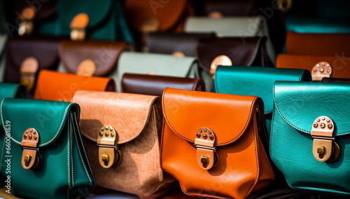 Market shopping accessory sale design fashionable elegance leather style purse bags photo