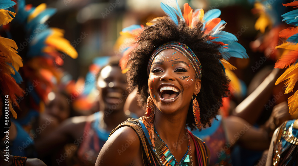 Portrait of a woman immersed in a vibrant carnival parade with colorful costumes. Festive atmosphere, music, and excitement.

