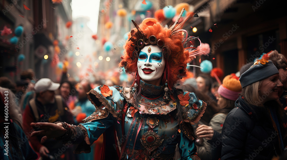 Vibrant carnival procession filled with joy, costumes, music, and confetti. A festive spectacle awaits.
