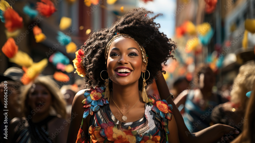 Portrait of a woman celebrating a lively carnival parade with colorful costumes. Festive vibes, music, and joyful crowds.
Portrait of a woman celebrating a lively carnival parade with colorful costumes. Festive vibes, music, and joyful crowds.