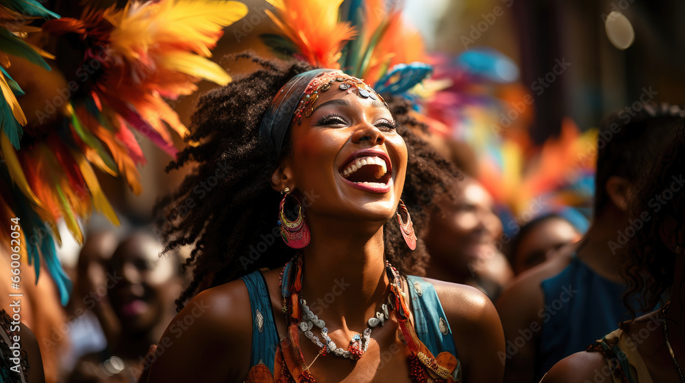 Portrait of a woman enjoying the carnival. Colorful floats, excitement, and cultural festivity.
