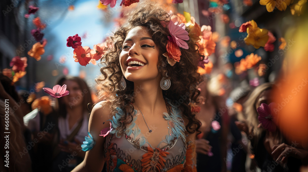 Portrait of a woman in vibrant parade, festive atmosphere, and happy people.
