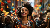 Portrait of a woman celebrating a lively carnival parade with colorful costumes. Festive vibes, music, and joyful crowds.
