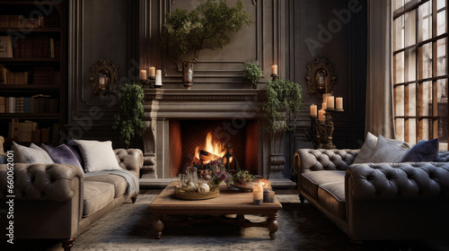a cozy sitting area with a tufted couch and a fireplace and expo © Textures & Patterns