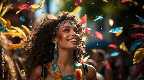 Colorful carnival procession with joyful spectators. A festive explosion of costumes, music, and confetti in a carnival. 