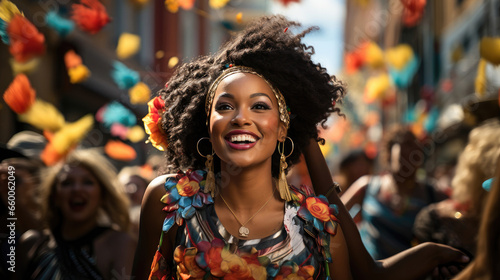 Portrait of a woman celebrating a lively carnival parade with colorful costumes. Festive vibes, music, and joyful crowds. 