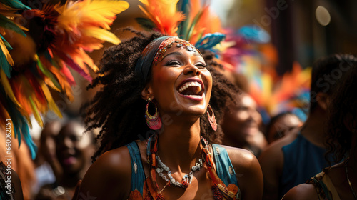 Portrait of a woman enjoying the carnival. Colorful floats, excitement, and cultural festivity. 