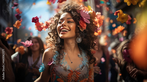Portrait of a woman in vibrant parade, festive atmosphere, and happy people. 