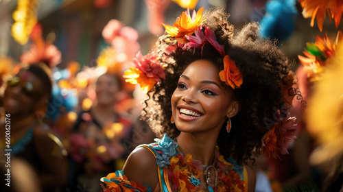 Portrait of a woman in colorful carnival parade with enthusiastic crowds. Festivity, entertainment, and joy. 