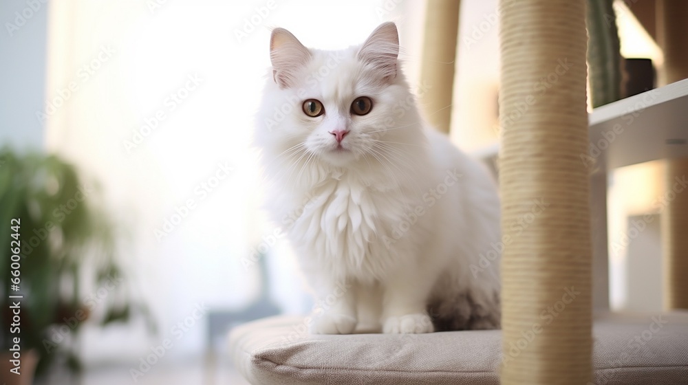 Cute long hair white maine coon kitten relaxing on a scratching post next to a houseplant in front of white curtain on blurred modern home background looking at camera, with copy space.